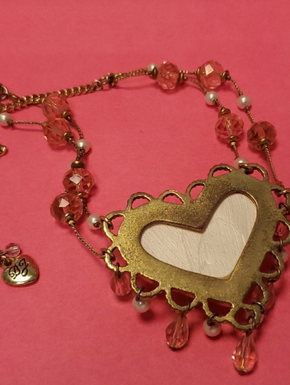 Betsey Johnson Gold Heart Necklace with Pink Beads and Pearl Accents - Picture 6 of 6